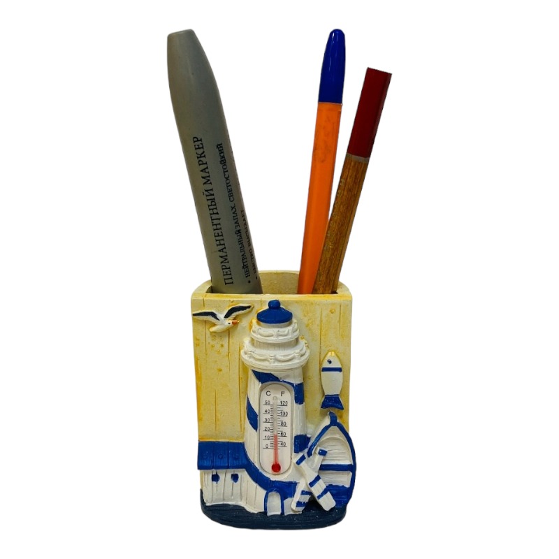 021022  (1-72) Фигурка Маяк - карандашница с термометром 6*6*8см