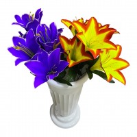 Декоративные цветы "Лилии", пластик, ткань, фиолетовый, желтый, 7шт/букет, 60см