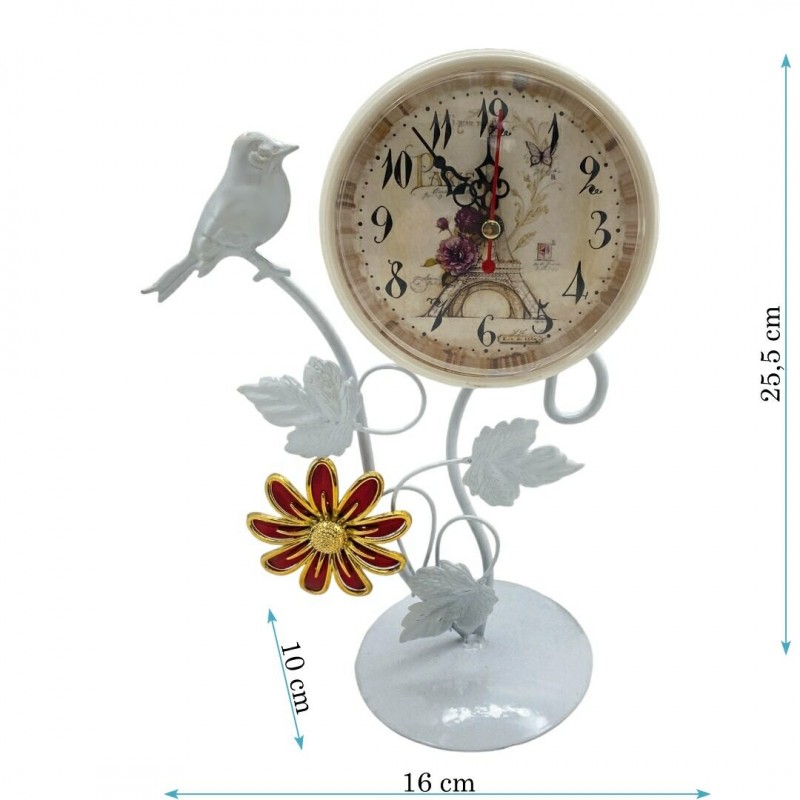 MML16001  (1-36) Часы металлические белые с птичкой и цветком 16*10*29см